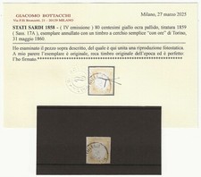 1859 Antichi Stati Sardegna 80 c. giallo olivastro chiaro Sassone 17Aa usato