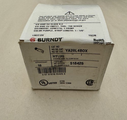 Burndy lugs ya28l4box - 4/o, cu