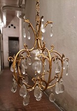 Lampadario a gocce di vetro e ottone - 5 bracci - anni 50