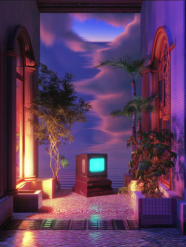 Vaporwave courtyard with - with, palm