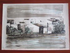 DOMENICO PURIFICATO " PAESAGGIO CON CASE " LITOGRAFIA 49 X 70 NUMERATA E FIRMATA