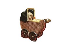 Antico Modellino passeggino in legno, pelle, ottone con Peluche orsetto.