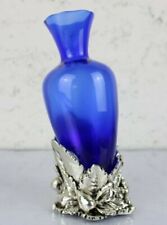 Piccolo Vaso Portafiori AMPOLLA di vetro blu con dettaglio argentato VINTAGE 