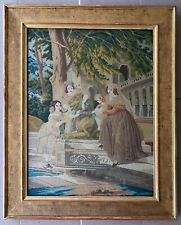￼ “Dame In Giardino” Grande Quadro Ricamato A Mezzo Punto  Con Cornice Dorata