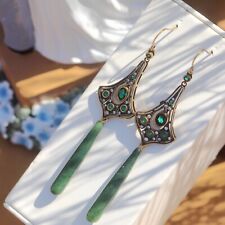 Orecchini Lunga Lampadario Dorato Antico Giada Goccia Verde Scuro SC1