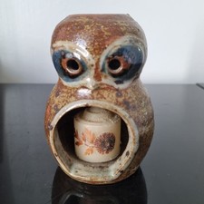 Guy Baudat - Hibou Chouette Grès Signé Photophore avec Bougie La Borne Vintage