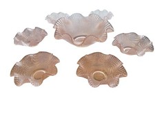 Sevizio macedonia ciotola + 6 coppette in vetro rosa con bordo ondulato vintage