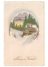 1935 cartolina Buon Natale d'epoca paesaggio innevato baita di montagna
