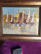 Olio cartone barche firmato - olio, su