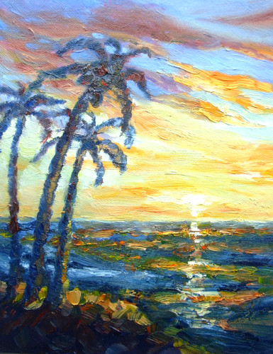 Tramonto sul mare dipinto - , olio