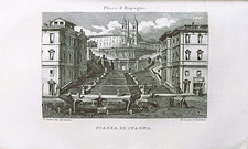 Stampa antica Piazza di Spagna scalinata 135 Trinità Monti Barcaccia Roma Nibby