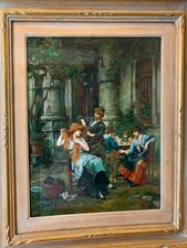QUADRO OLIO SU TELA 40x50 G.P. Moreno: scena conviviale tra donne. CON CORNICE