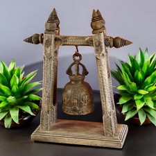 Tempio Campana Treppiede Fatto a Mano Bronzo Legno Meditazione Decorazione Yoga Buddha