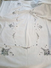 Antica tovaglia in lino bianco ricamata a mano inizi 900 (inclusi 10 tovaglioli)