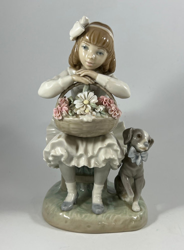 Lladro girl with flower basket - with,