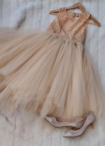 Abito tulle pizzo beige - abito,