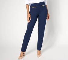 Pantaloni Susan Graver Smart Ponte gamba slim con dettaglio catena-Navy-Petite XL A662844 N