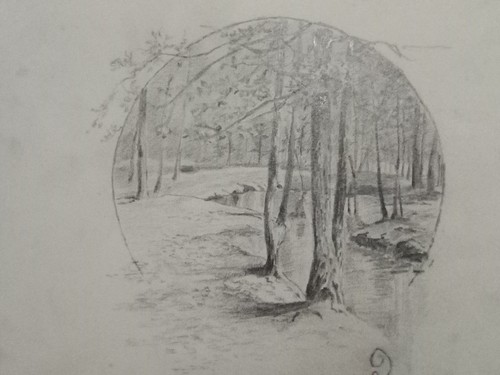 Vecchio disegno fiume bosco - e,