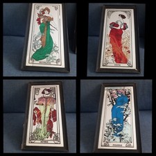 Set 4 Quadri Specchi ALPHONSE MUCHA Quattro Stagioni Mirrors Stile Art Nouveau 