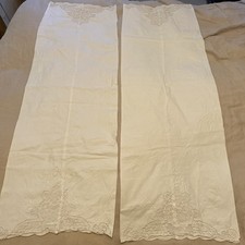 Pair of Antique Vintage Hand Embroidered Long Linen Bolster Pillowcases 2 