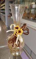 Vaso/ vasetto vetro alto ambra con girasoli carta altezza cm. 18