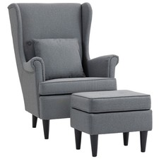 HOMCOM Poltrona per Salotto in Tessuto con Pouf, Schienale Alto e Cuscino Grigio