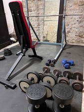 home gym come nuova, rack panca bil dritto e bil z manubri da 2 a 25 kg + dischi