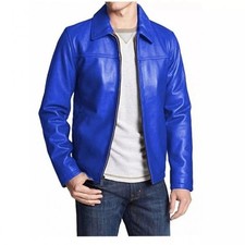 Giacca Motociclista Uomo Elegante Blu 100% Vera Pelle di Agnello Giacca Moto