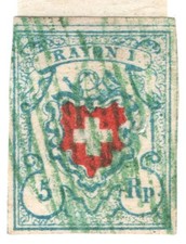 Svizzera 1851, Rayon I - Stemma e corno postale 5 Rp, timbro verde (Mi. 9 II)