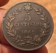 Moneta 5 Centesimi 1862 Napoli, Vittorio Emanuele II, Rif. 8013