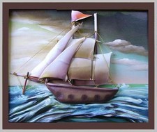 vecchio pannello 55x65 mare marina teca veliero plastica arte kitsch vintage 