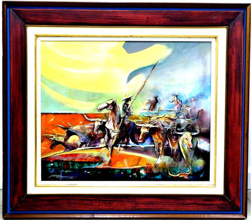 Dipinto olio tori cavalli