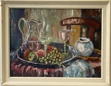 Quadro a Olio Impressionista Natura Morta Con Frutta Uva Brocca Acqua Im Raum