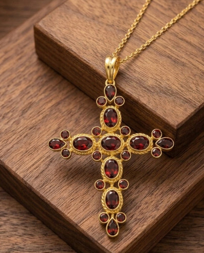 Ciondolo croce granato - , rosso