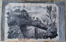 DISEGNO QUADRO PEZZO DI SCENOGRAFIA DIPINTO SU TELA PAESAGGIO MONTAGNA ARREDO