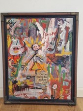 Dipinto olio su tavola bastone uomo non firmato Naif Folk come Home to Colour