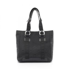 Salvatore Ferragamo Gancini borsa tote a mano 21 5373 tela pelle nera usata SHW