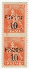 1919 Fiume - coppia 10 su 45 c. arancio non dentellata al centro carta C MH*