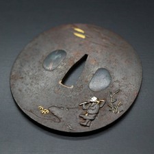 Spada Giapponese Katana Tsuba Giustizia Paesaggio Dipinto Spada Antica Accessori