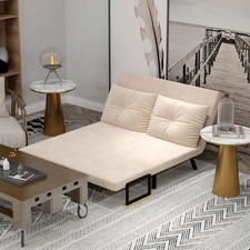 HOMCOM Divano Letto, Due Posti con Funzione Letto, Divano Letto Effetto Velluto Beige