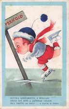 23-21D) CARTOLINA ILLUSTRATA PATTINAGGIO SUL GHIACCIO BAMBINO SCIVLA PERICOLO VG