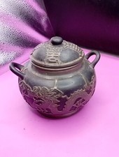 Teiera cinese in ceramica Yixing e peltro con decorazione drago e perle 