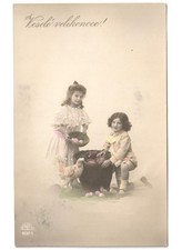 1911 bambini cesto uova colorate gallina antica foto cartolina Pasqua Velikonoce