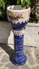 Antico vaso con colonna in ceramica- cachepot - barbotine /blu