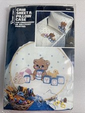 Lenzuolo e federa culla orso NOS vintage ricamo stampato punto croce bambino 8754G