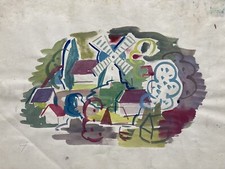 Villaggio Con Mulino Espressiva Anonimo Acquerello 25 X 35 CM Entrambi Studio