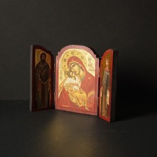 Icona sacra su trittico in Legno – Madonna con Bambino – Serigrafia con Oro