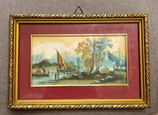 ANTICO QUADRO DIPINTO CON CORNICE IN LEGNO DORATO VEDUTA PAESAGGIO MARITTIMO