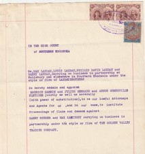 1911 Rhodesia Legal Document with 6d Brown & Purple Double Head Pair & 4/- Arms.