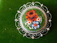 Spilla A Fiore Di Rosa In Micro Mosaico Italiano In Tonalità Argento Vintage